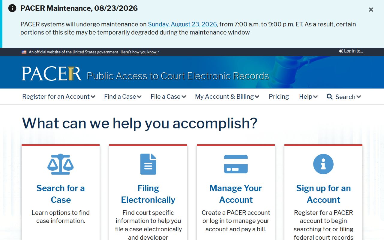 PACER federal court registration and case search home page