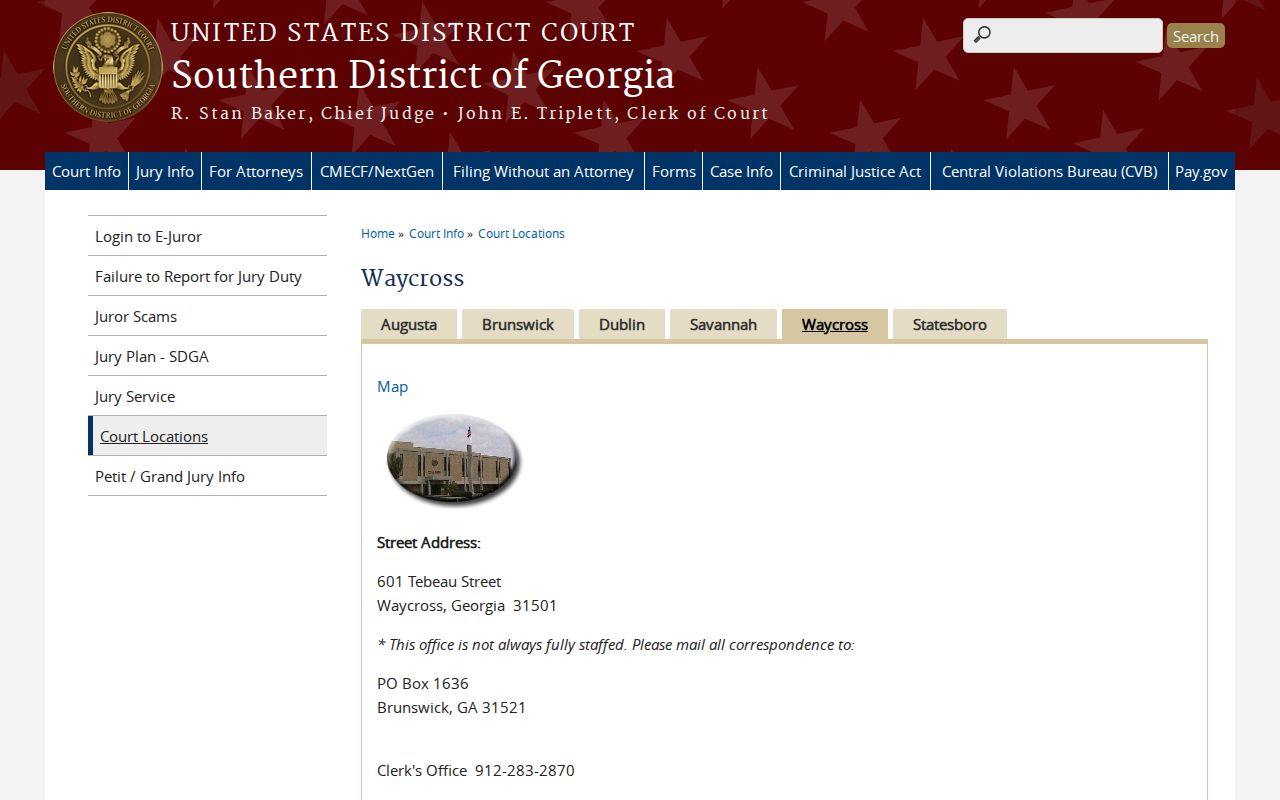 Southern District of Georgia Waycross federal courthouse information page