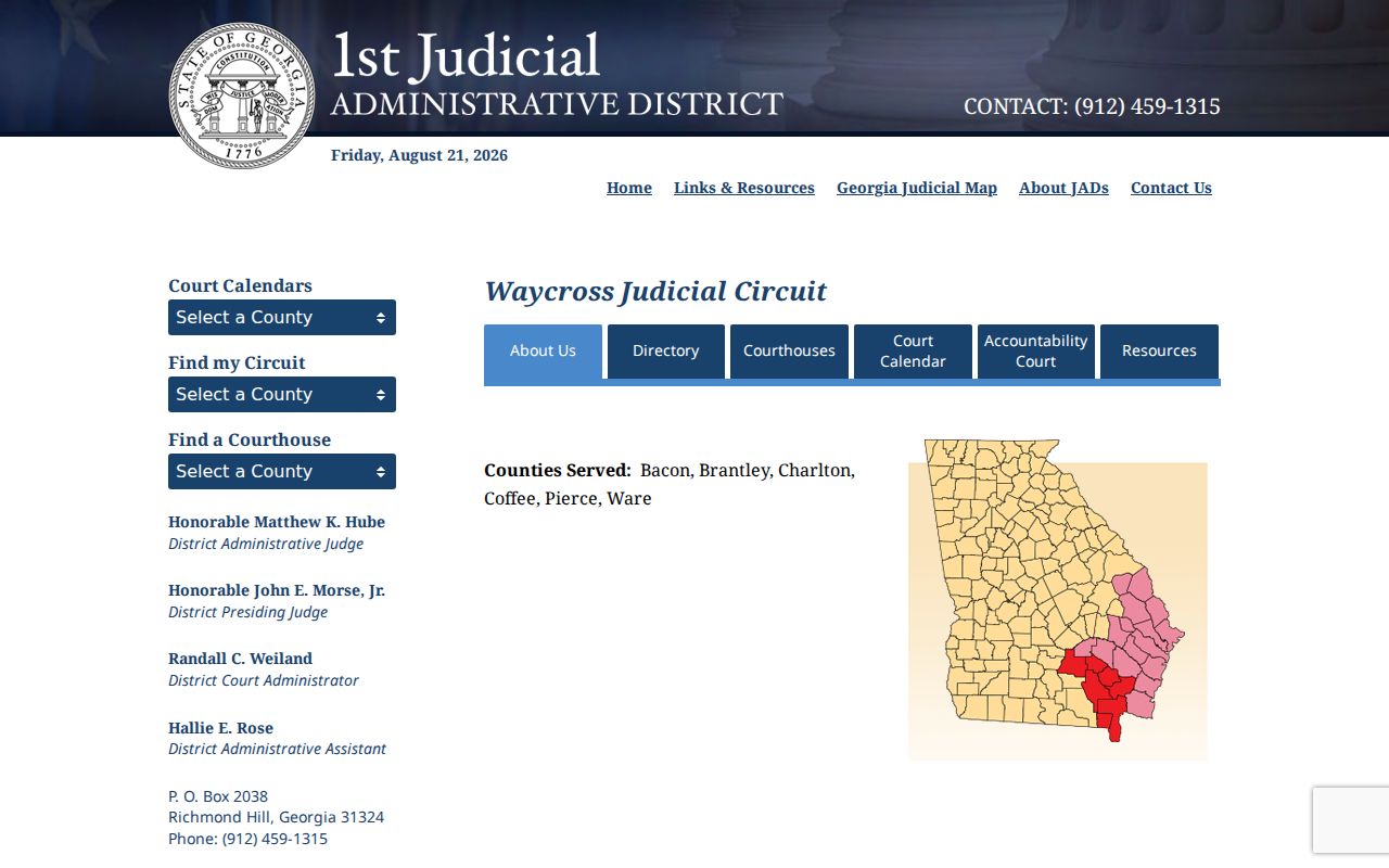 Waycross Judicial Circuit page stating that no public court calendar is available