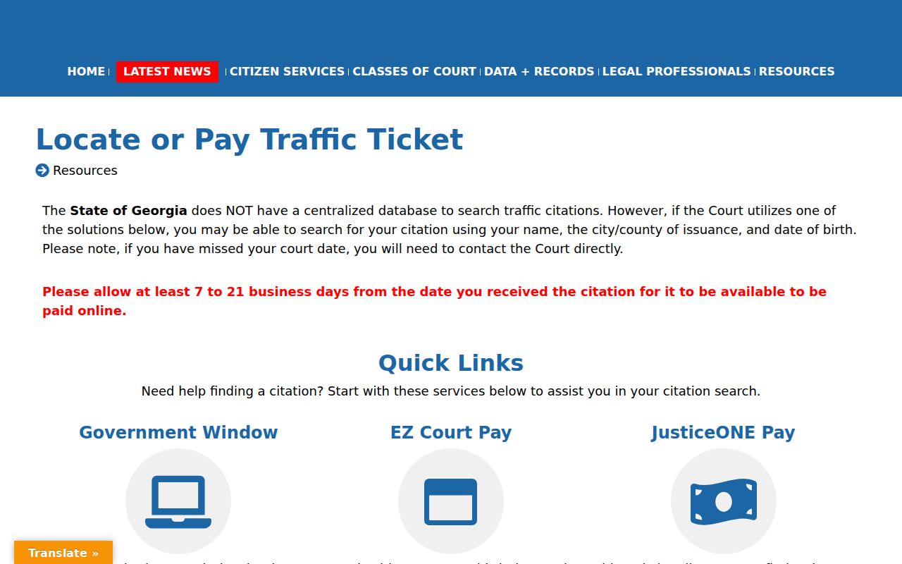 Georgia Courts traffic ticket locator and posting-delay notice